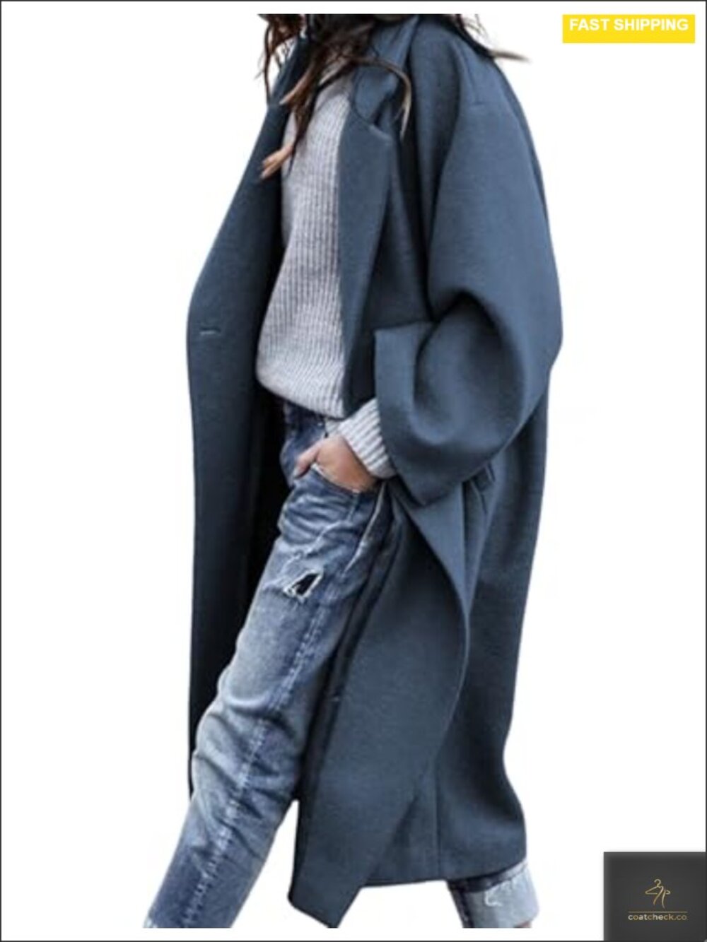 Womens Oversized Wool Blend Long Pea Coat Double Breasted Notched Lapel